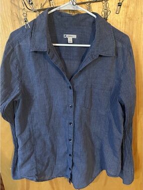 Caslon Women’s  Blue Button-Up Linen Shirt with Pleated Sleeves Size L